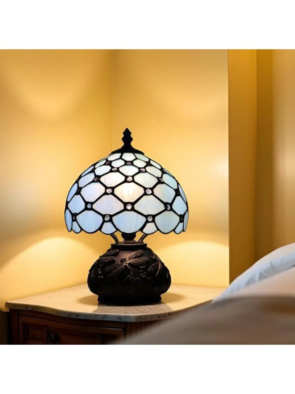 Charming Mini Mushroom Table Lamp - Antique Style, Sea Blue Beads, 8x11 Inch